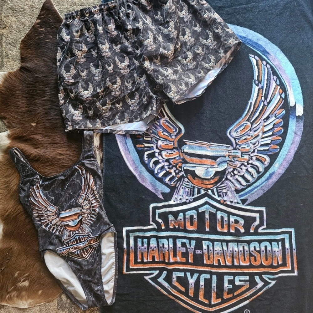 RARE VINTAGE 90s 1990 3D Graphic Harley Davidson One Piece Swimsuit XS TOWEL SET